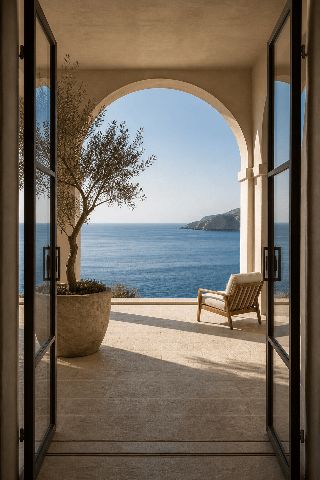 Open bronze-framed doors beneath a limestone arch overlooking the Mediterranean Sea