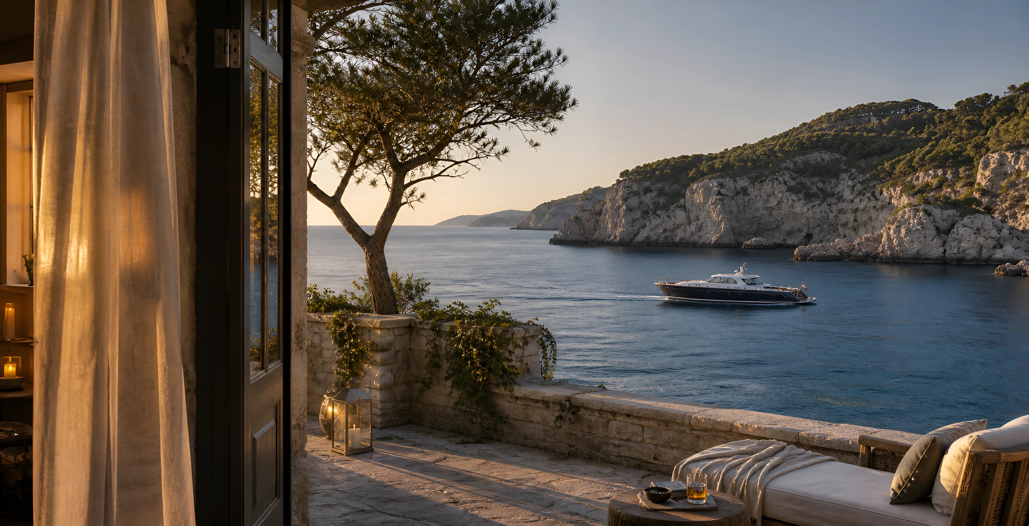 Private Mediterranean villa terrace overlooking a secluded cove and an arriving motor yacht
