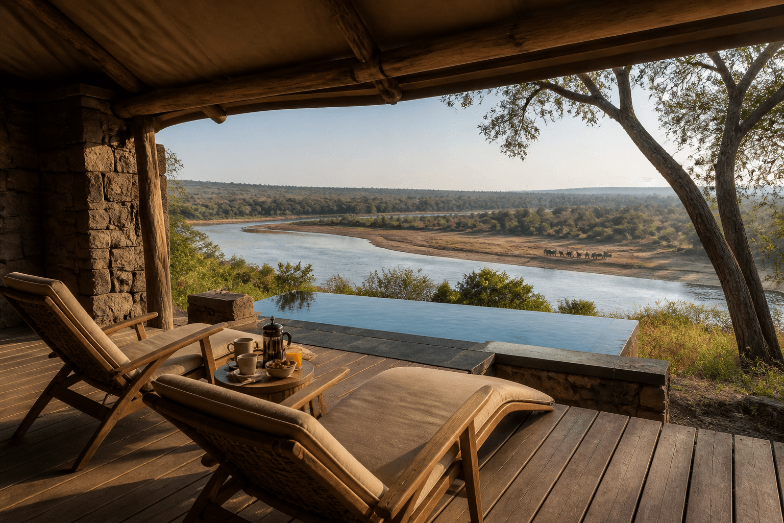 Safari lodge terrace overlooking a broad river landscape