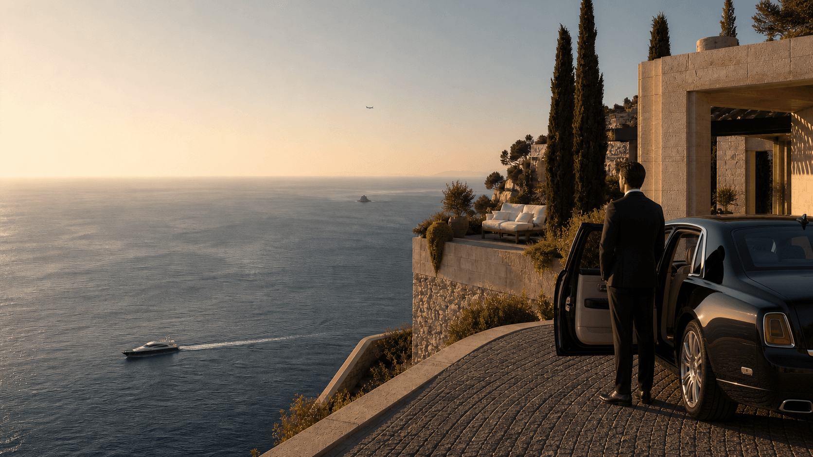 Black-suited chauffeur beside an open Rolls-Royce Phantom at a private Mediterranean resort arrival